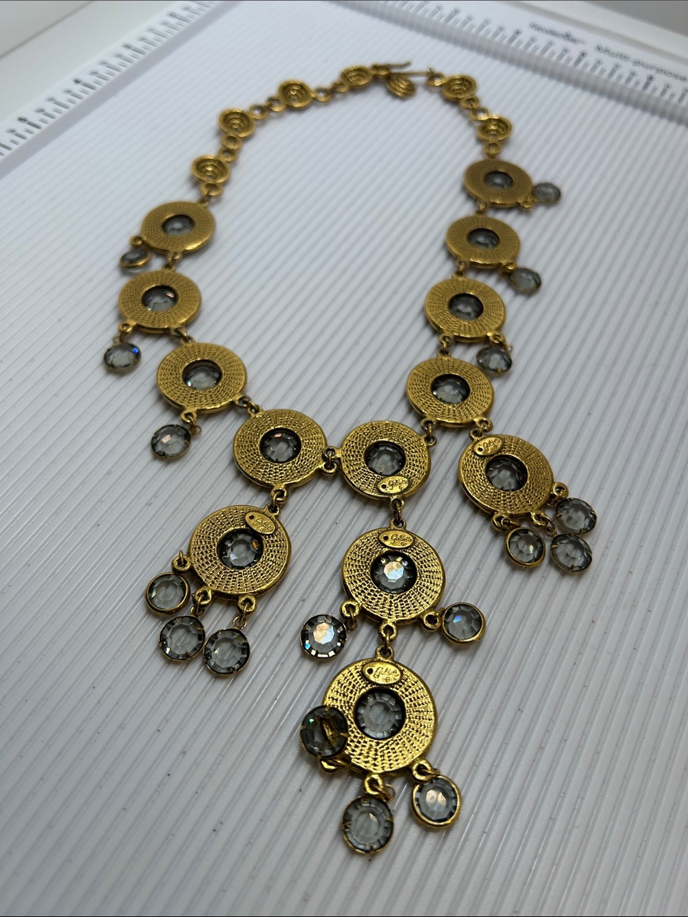 Vintage Goldette Gold Circular Disc Bib Necklace with Clear Crystal Drops - Picture 9 of 13